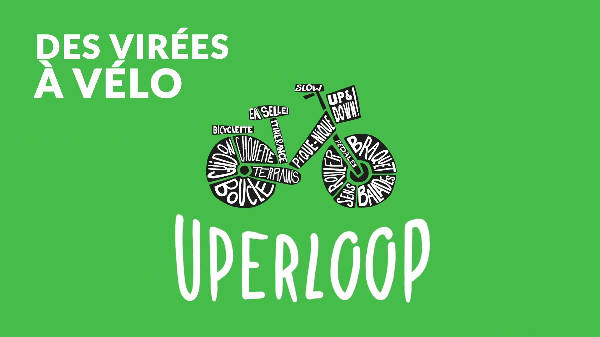 A bicycle made of white words above the name Uperloop on a green background.