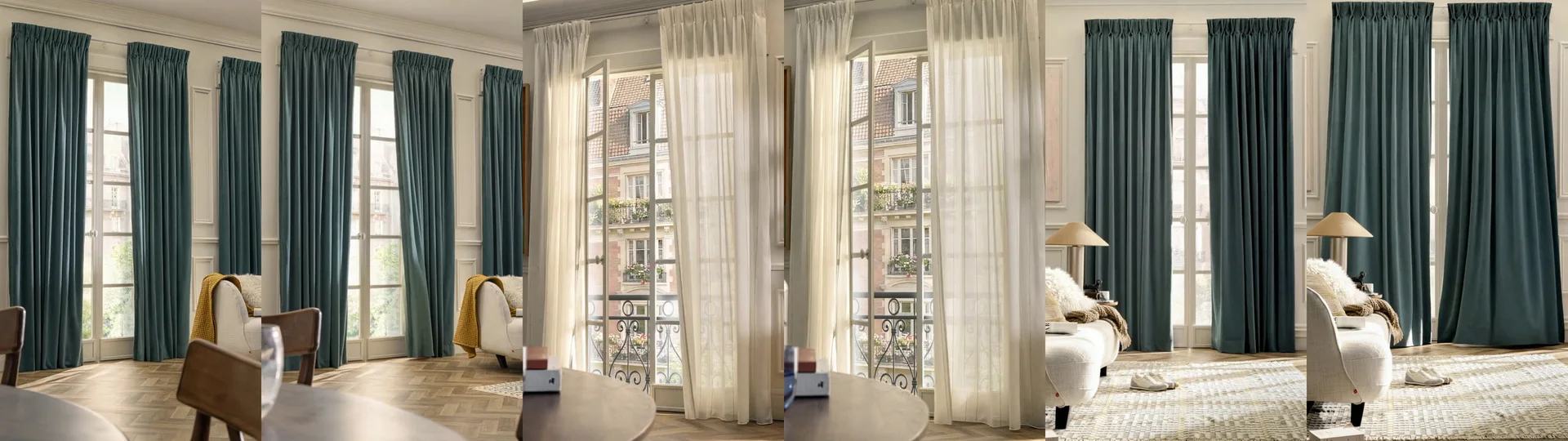 Six views of teal curtains and pale sheers arranged in a panorama.