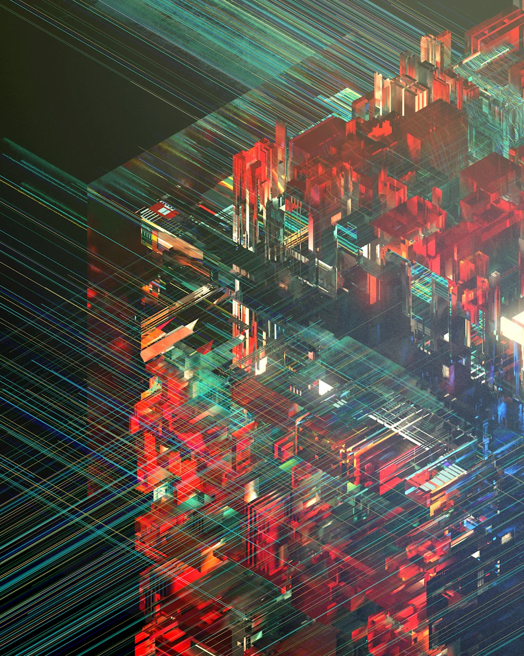 Detail of the cube’s left face: red and cyan stacks, dark surfaces, and a dense network of diagonal lines.