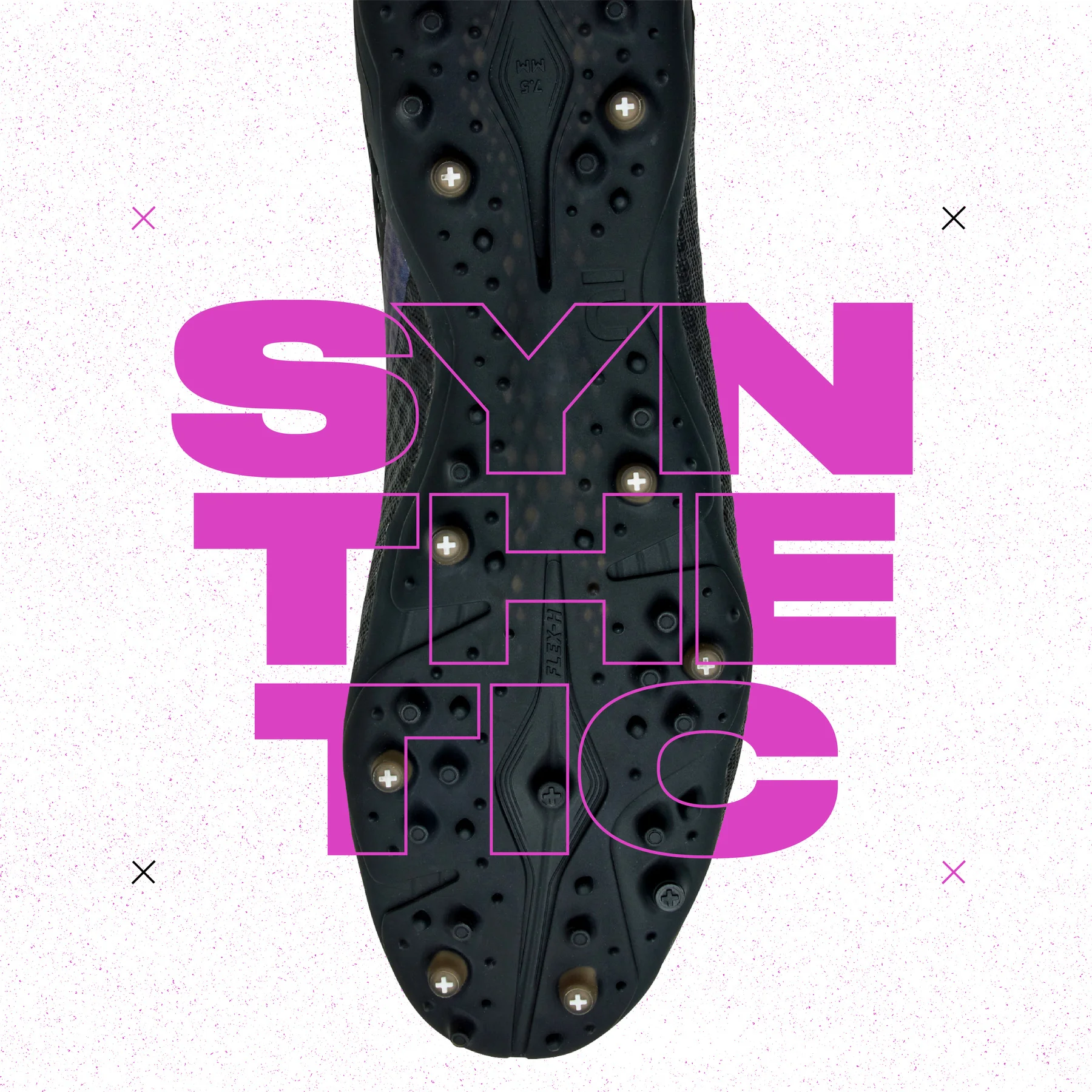 SYN, THE and TIC letter fragments over a magenta outsole.