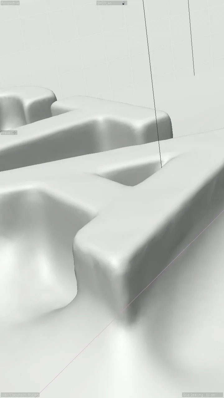 C4D viewport frame: close-up of the Kipsta letters in grey shading, with scene guides visible.