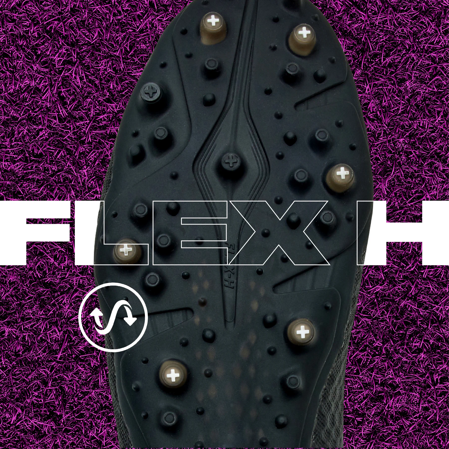 Flex H detail on a magenta outsole against white.