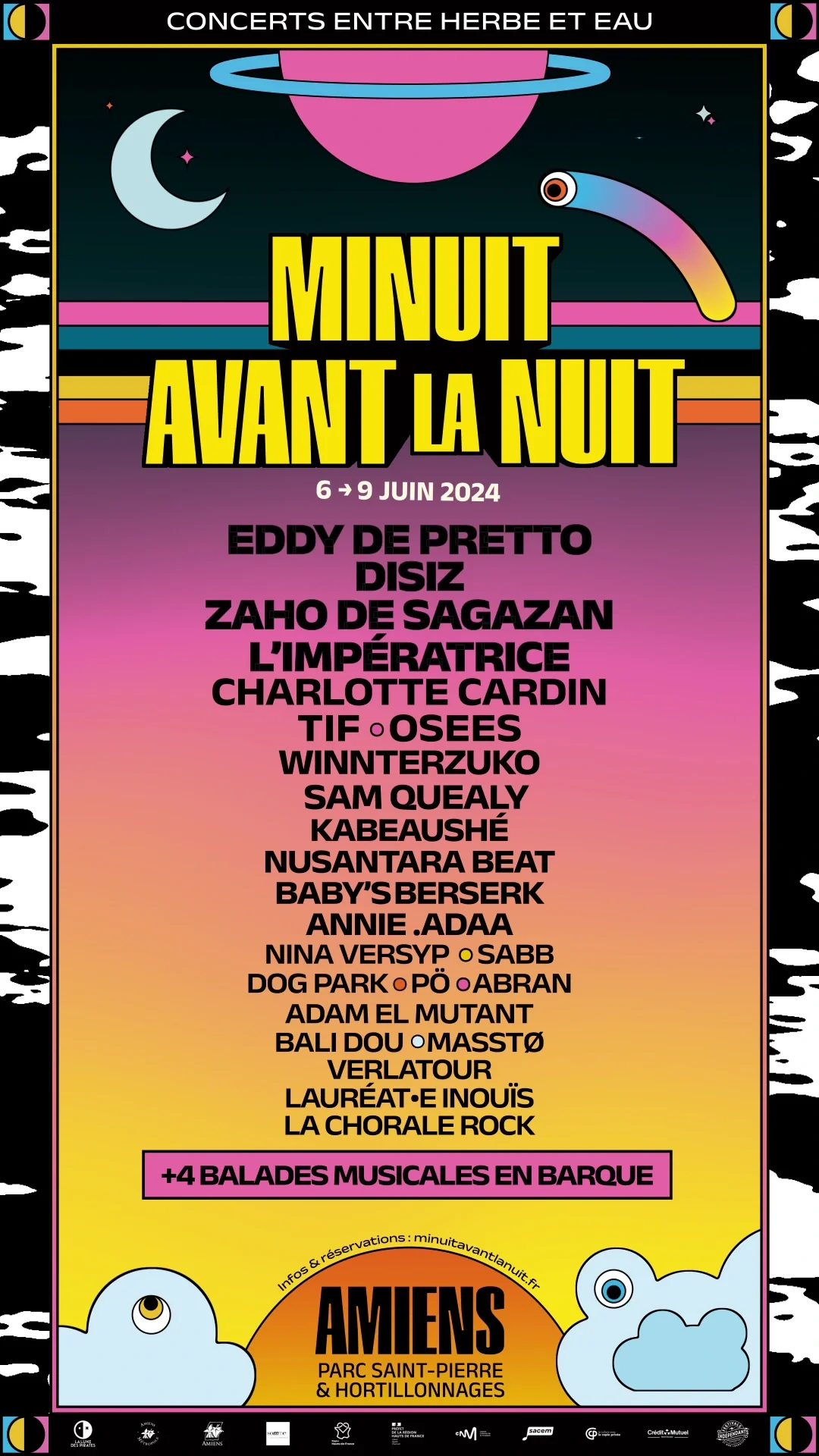 Festival poster for Amiens, 6 to 9 June 2024, featuring a pink planet, a moon and clouds with eyes on a multicoloured background.