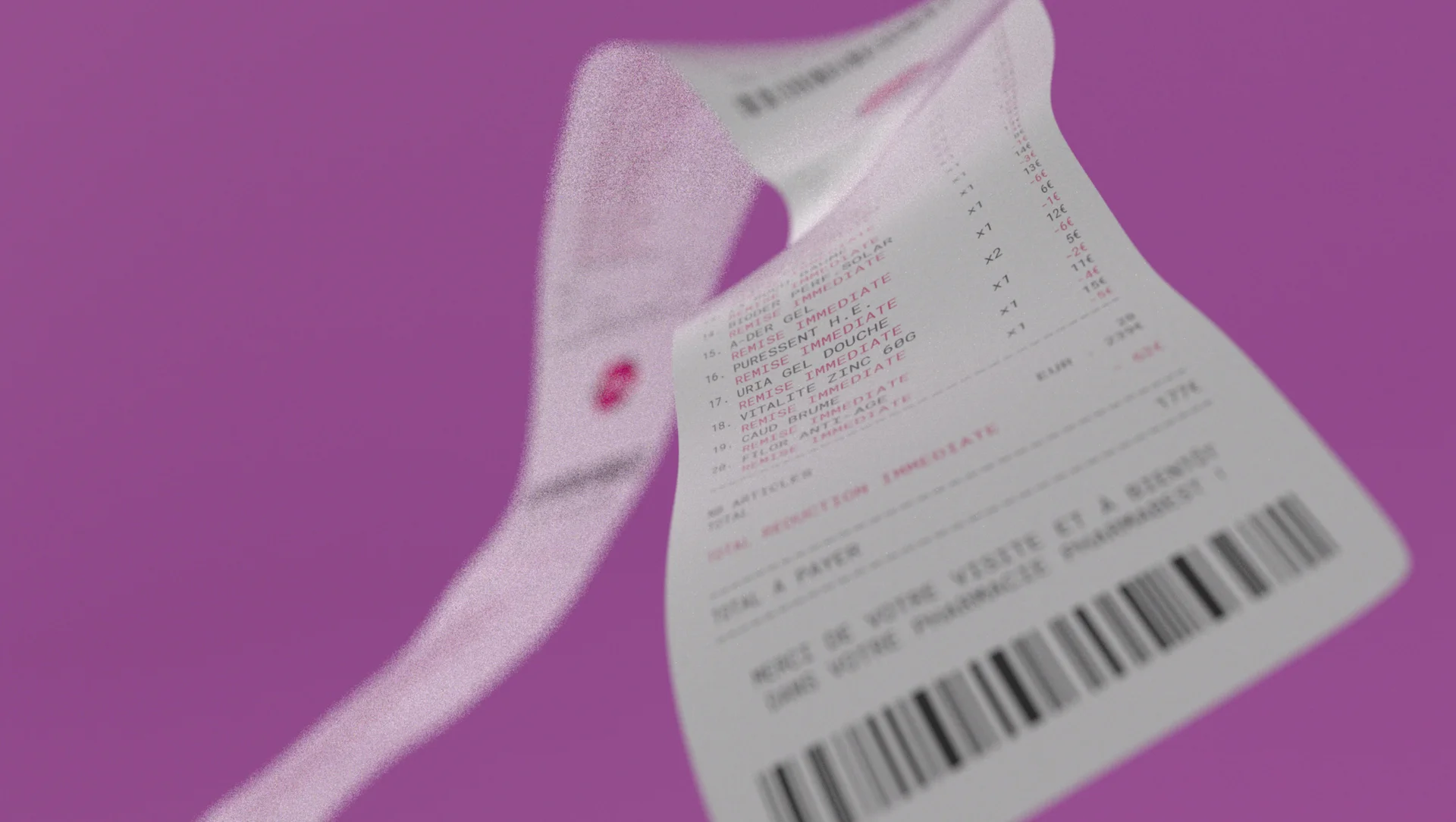 Render preview from 23 July: the curved receipt on pink, with visible render noise.