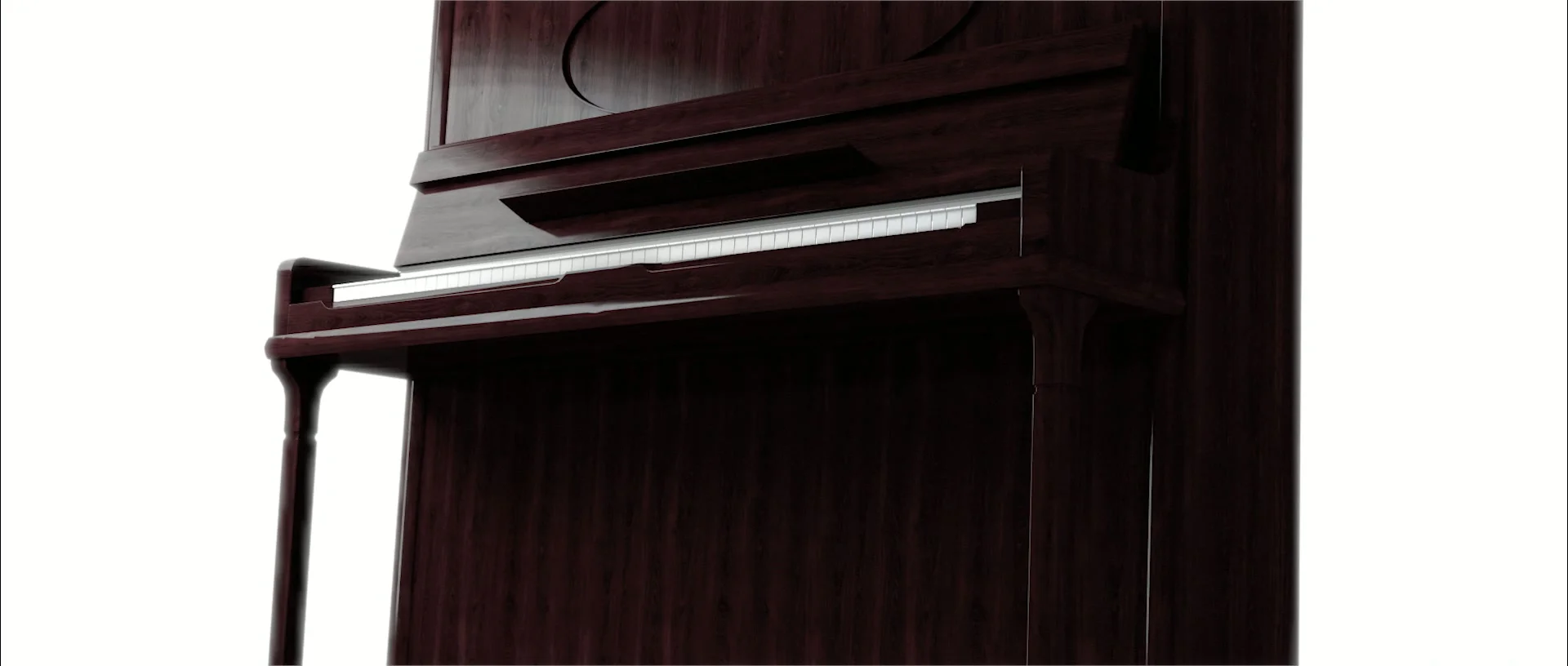 Detail of a dark wooden upright piano, showing its keys and front against white, before the plants appear.