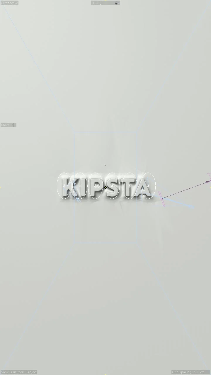 C4D viewport frame: full view of the Kipsta signature, with lights and scene axes visible.