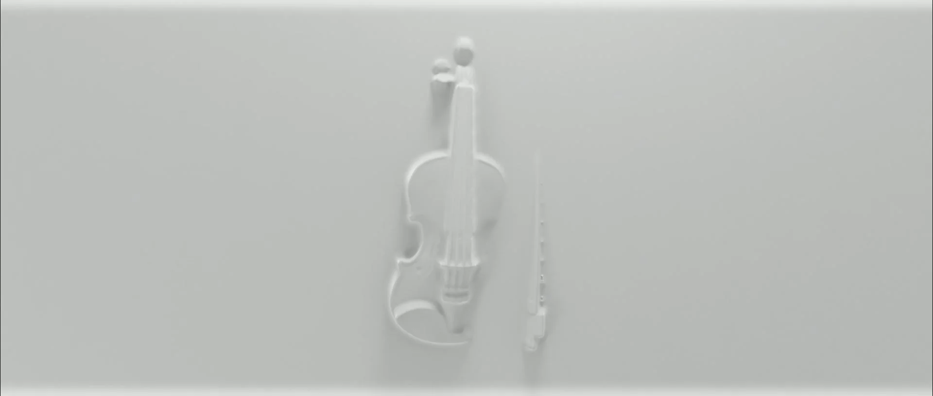 White violin and bow suspended against pale grey.