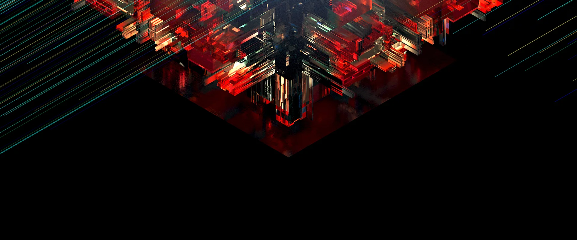 Panoramic crop of the cube’s lower tip: red and gold layers, reflections and lines of light against a black background.