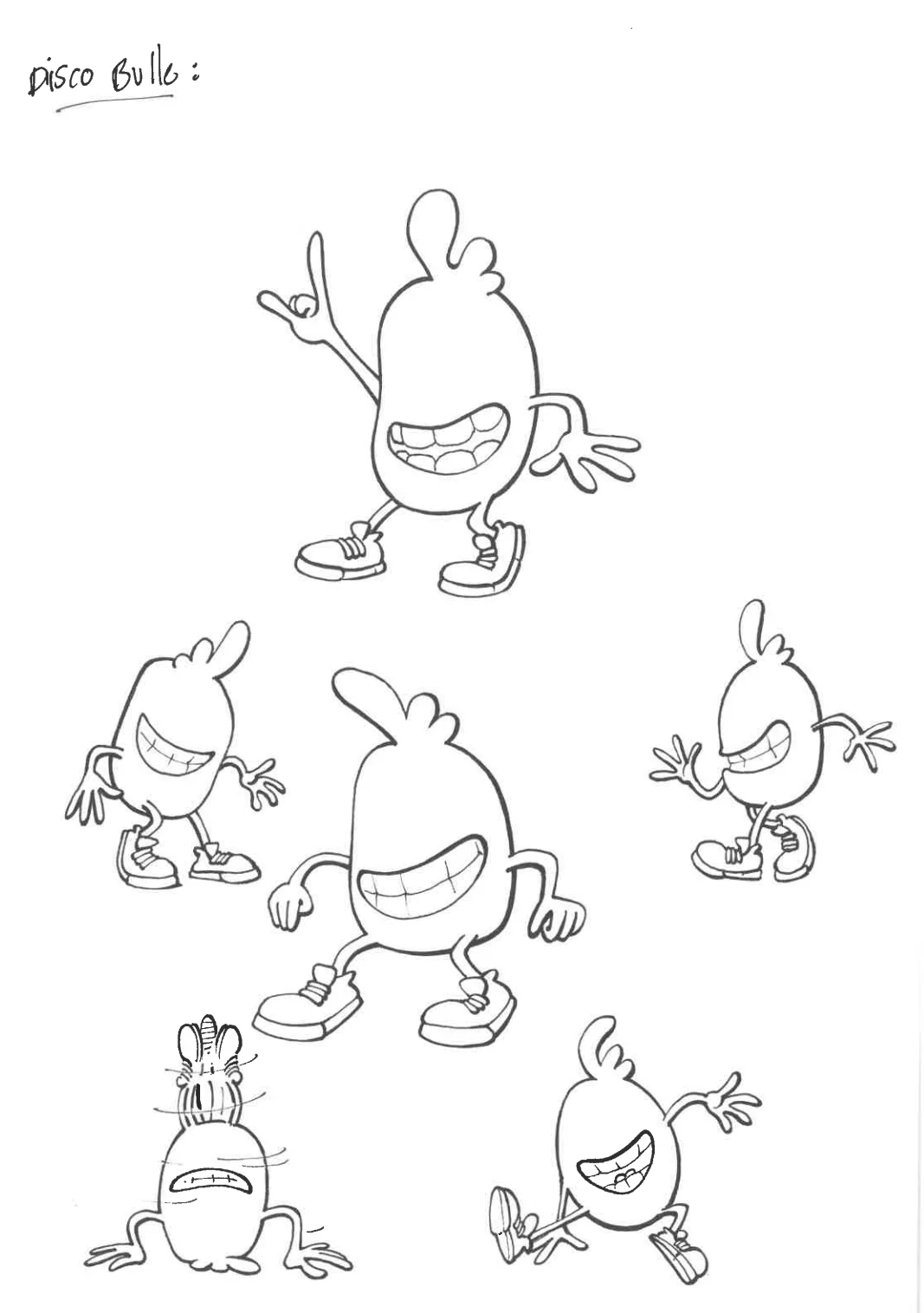Pencil studies of Bulle from the front, in profile and in several poses.