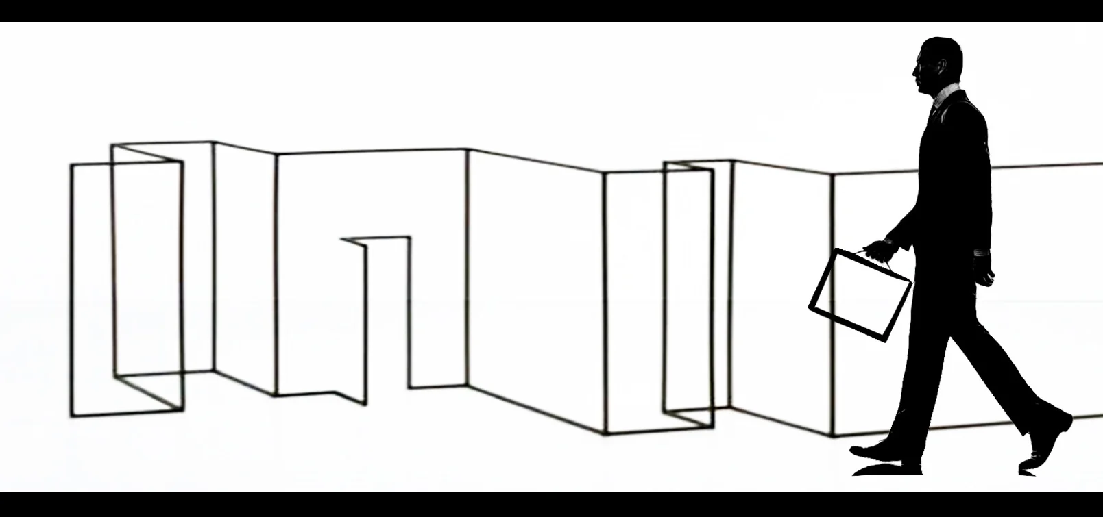 Production storyboard: walking past panels drawn in perspective.