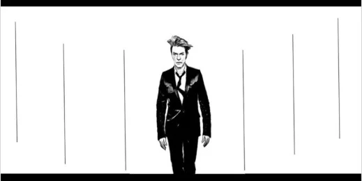 Production storyboard: the Diplomat between vertical lines.