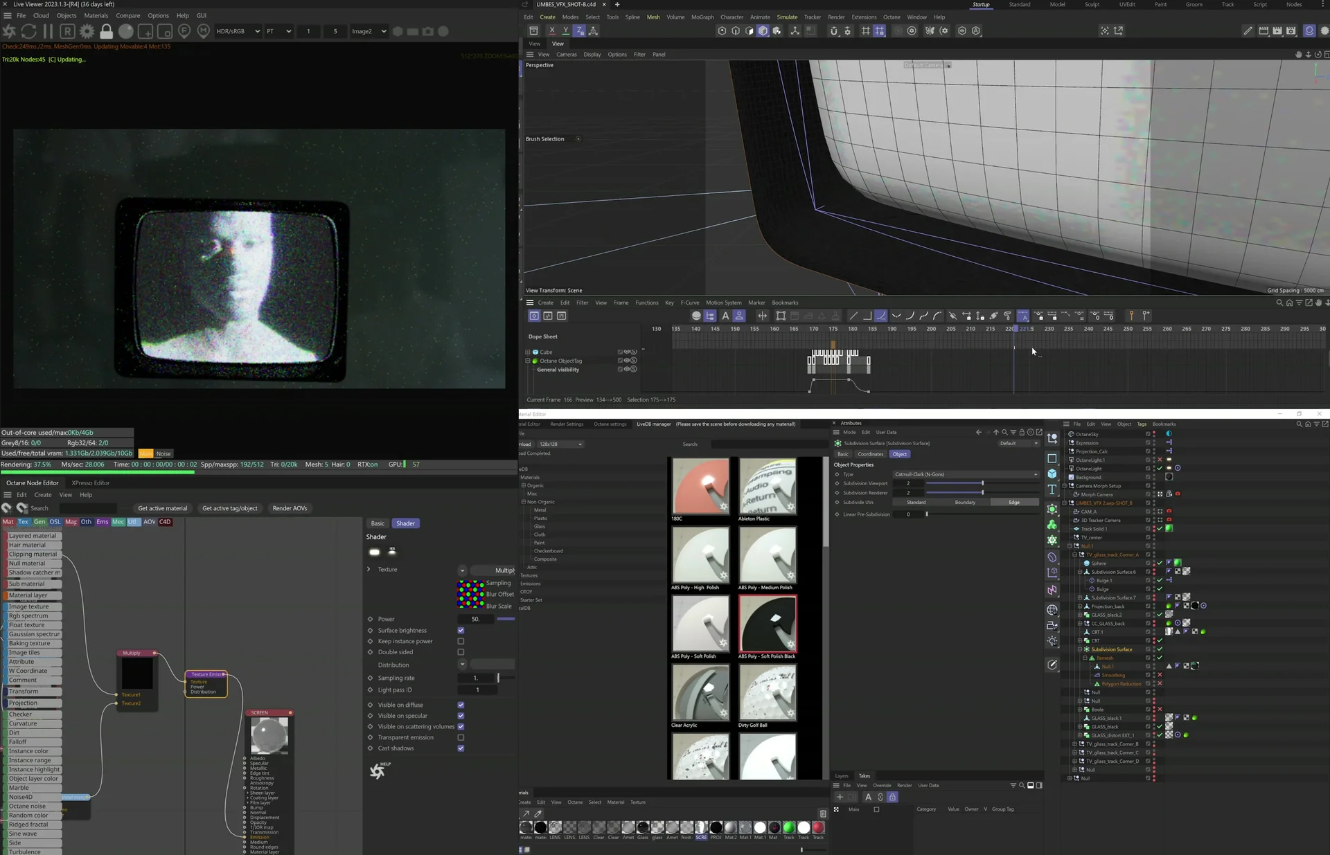 Cinema 4D: the portrait in the television, the glass mesh and Octane materials.