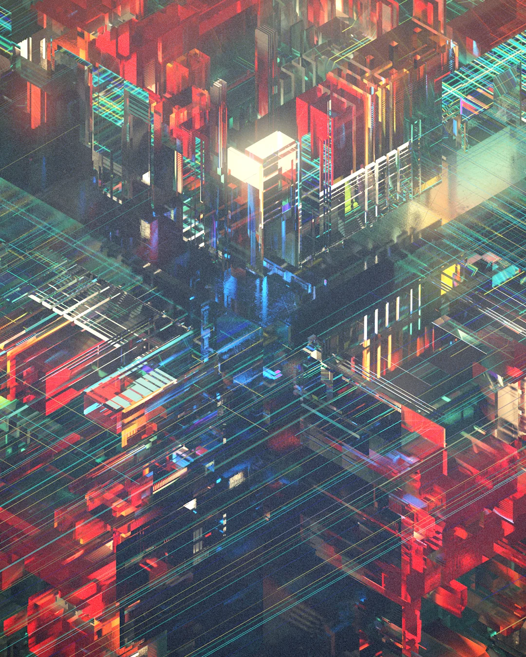 Close-up of the cube’s centre: red reliefs, blue reflective surfaces and a white glow where the beams intersect.