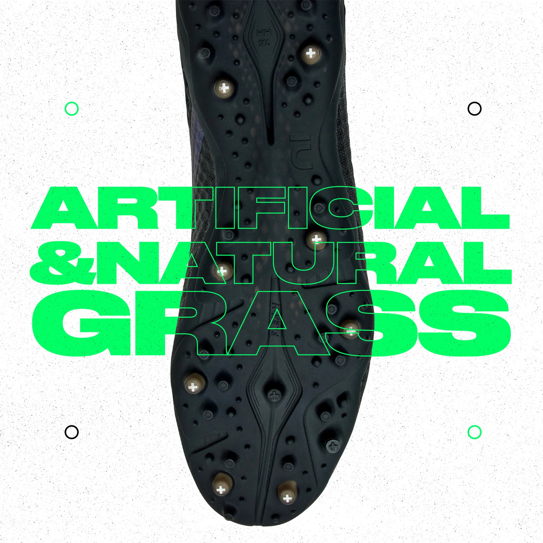 Green Artificial & Natural Grass typography layered over the boot.