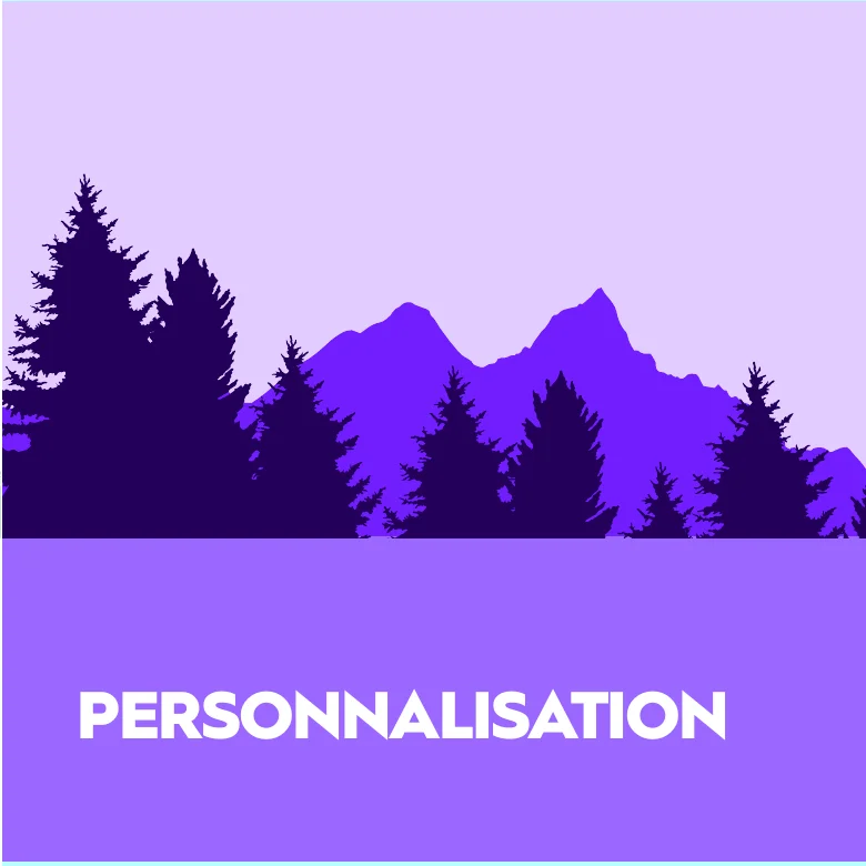 Colour study by Frédéric Dauges for Customisation: mountains and fir trees in blue and purple.