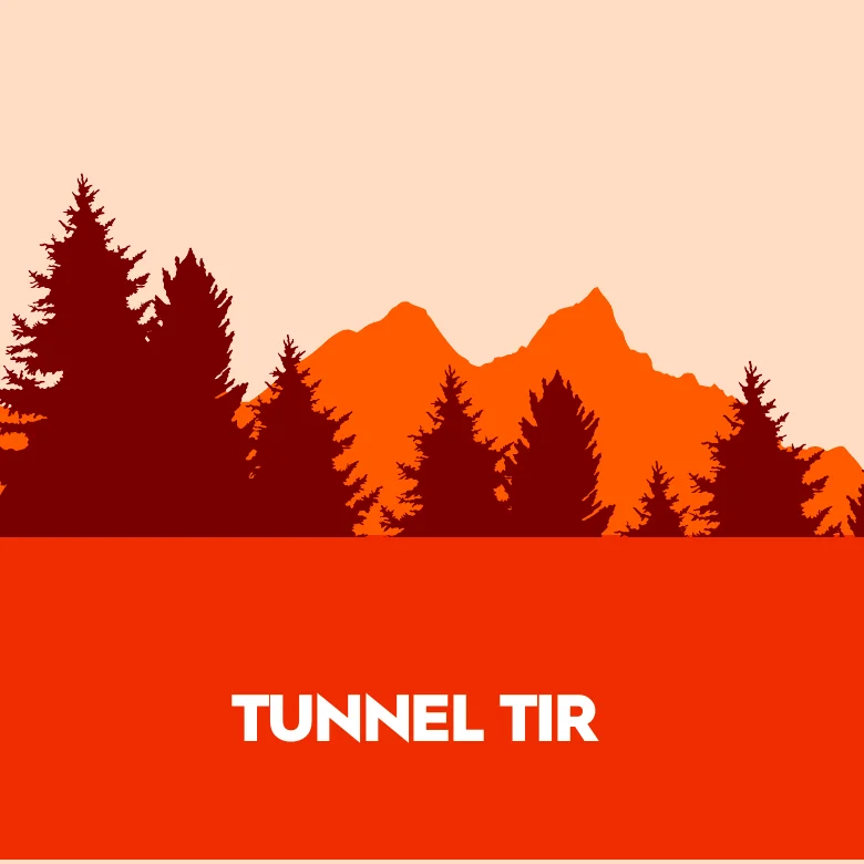 Colour study by Frédéric Dauges for Shooting range: mountains and fir trees in red and orange.