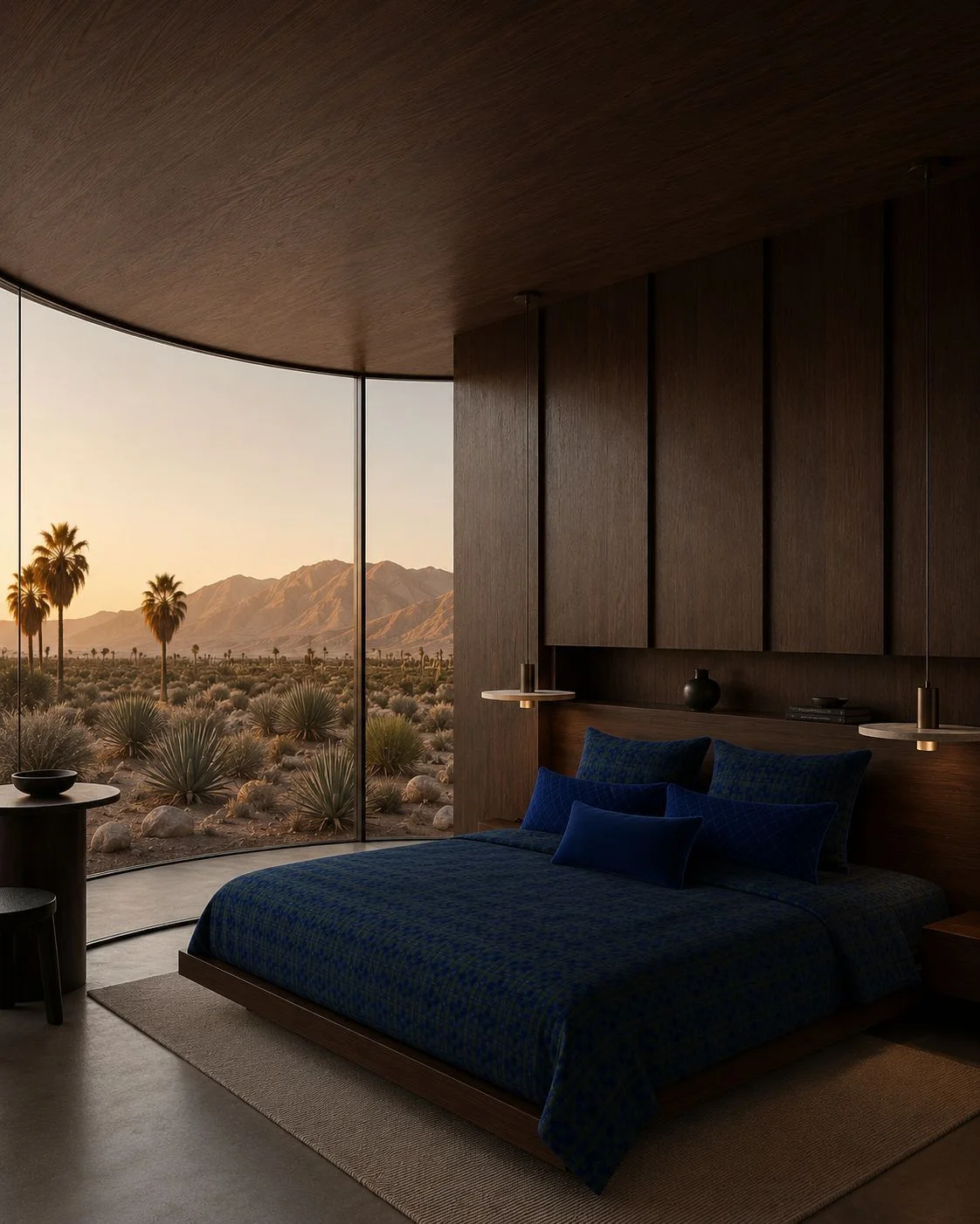 Wilmotte source still: blue bedroom and a window overlooking a desert landscape.