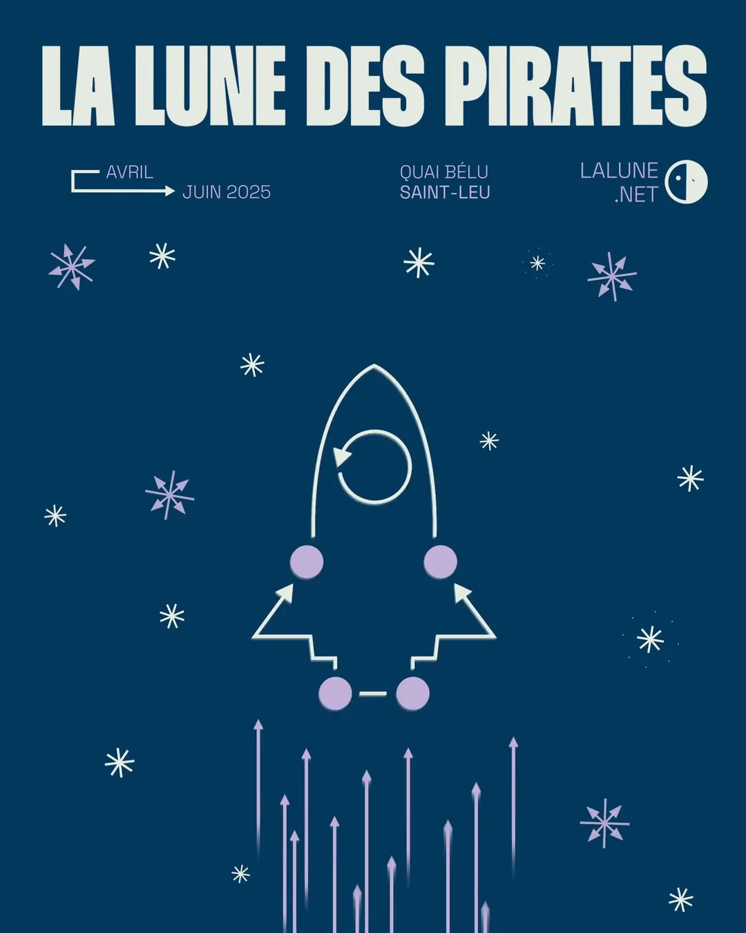 Blue poster for April to June 2025, featuring a rocket drawn with arrows and stars.
