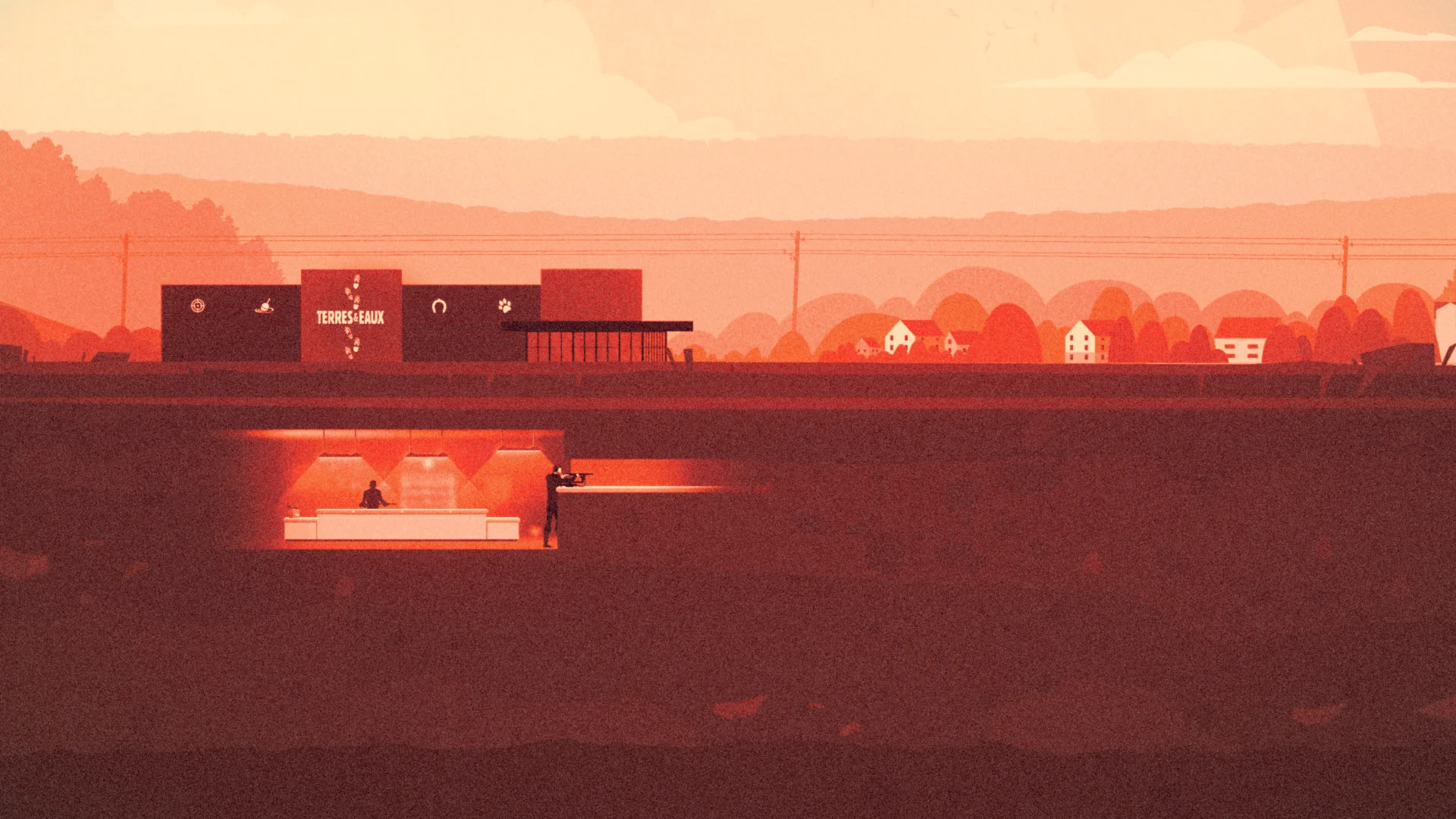 Shooting range study: a cutaway of the store and underground range in an orange landscape.