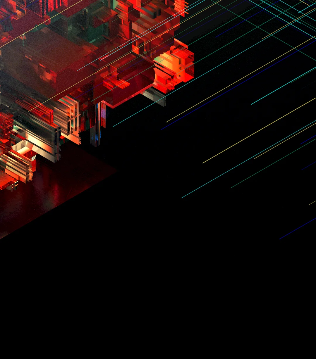 Detail at the cube’s edge: red blocks at the upper left and fine cyan, yellow, and blue lines crossing a large black area.