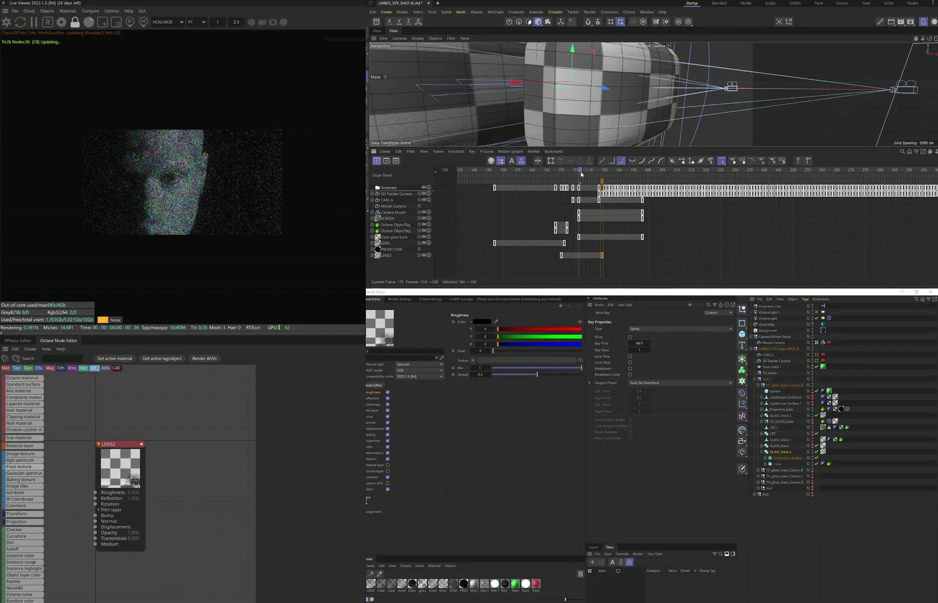 Cinema 4D: a checker pattern on the curved glass, with the camera and keyframes.