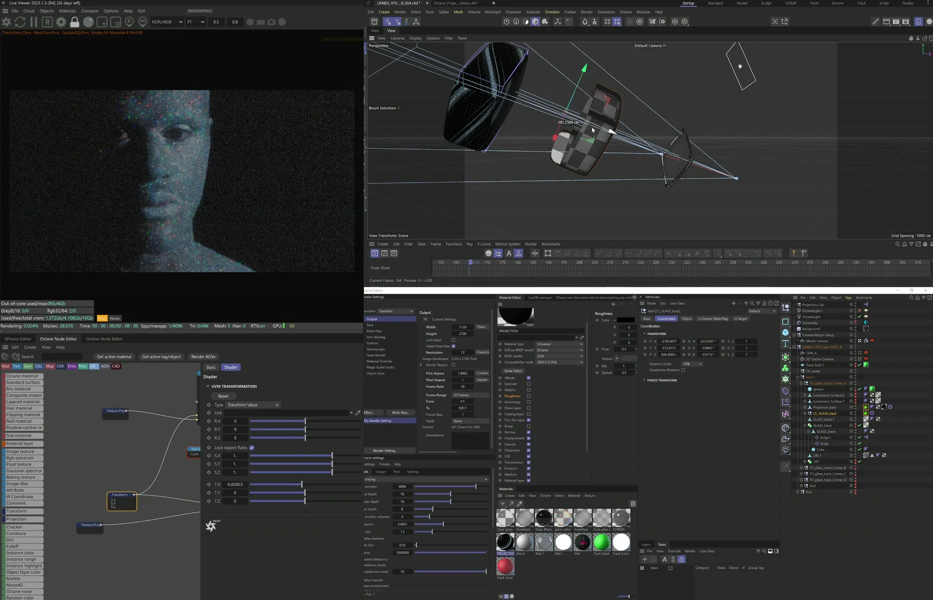 Cinema 4D: the rendered portrait on the left and separated projection surfaces on the right.