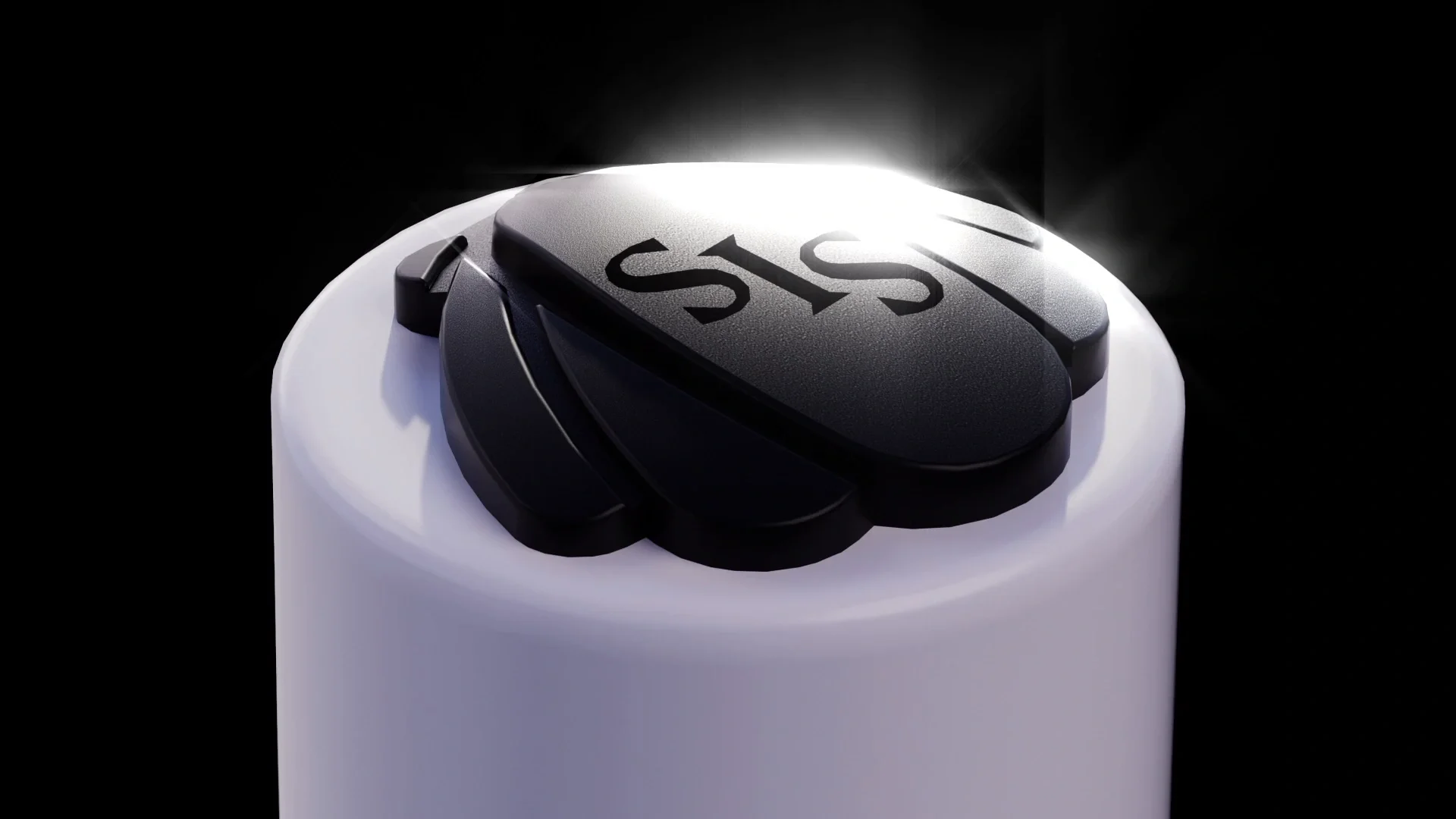 Black flower-shaped lid marked SIS on a lit white container against a black background.