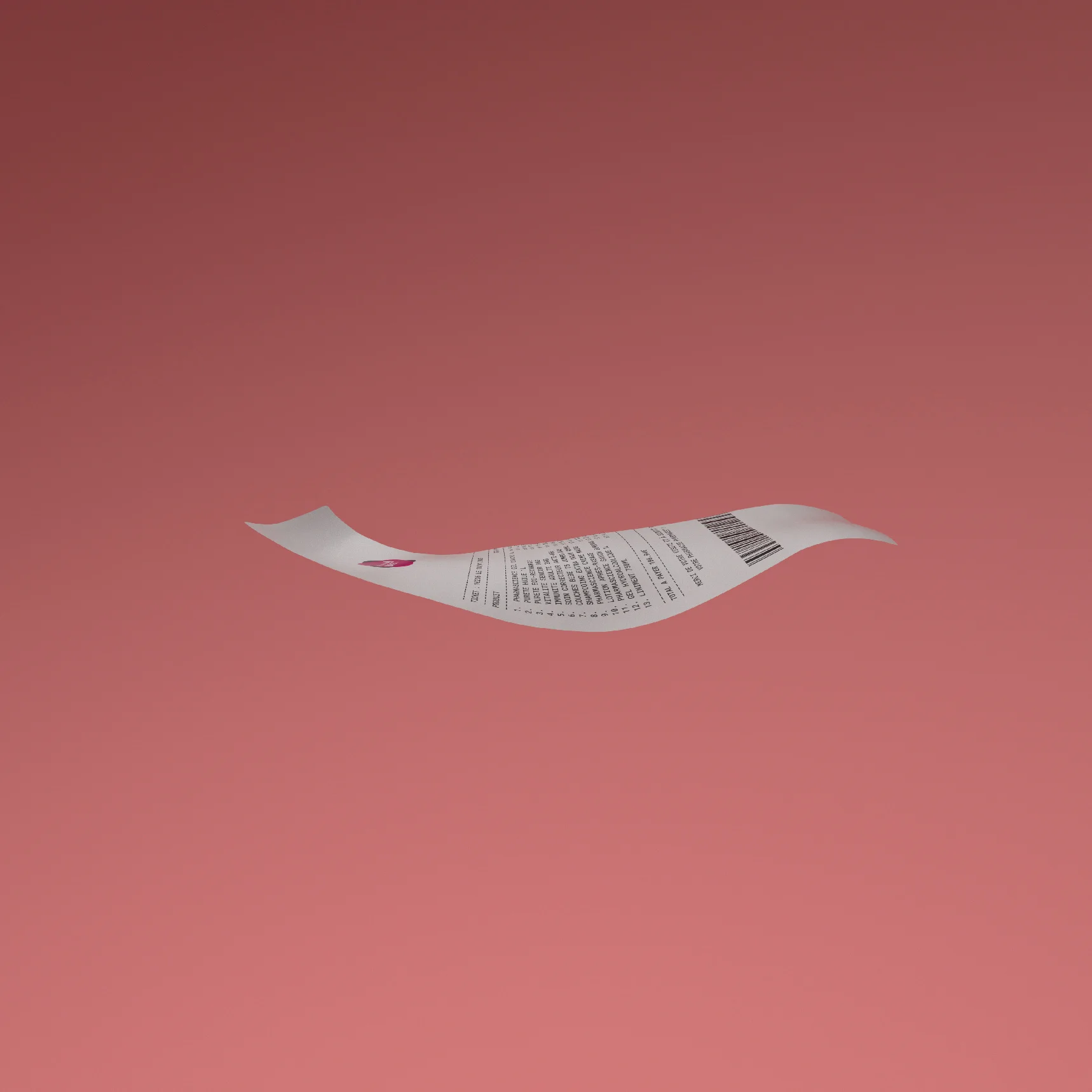 Render study: the receipt crosses the frame almost horizontally.