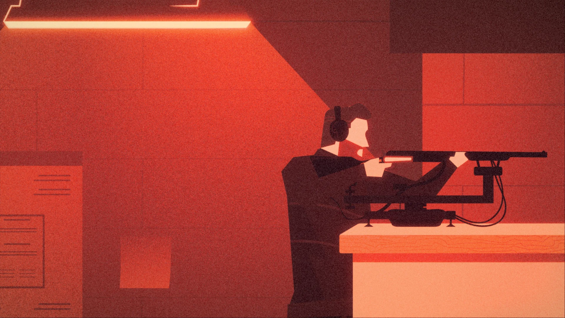 Shooting range study: side view of a shooter wearing ear protection, a firearm on a large console and red-orange lighting.