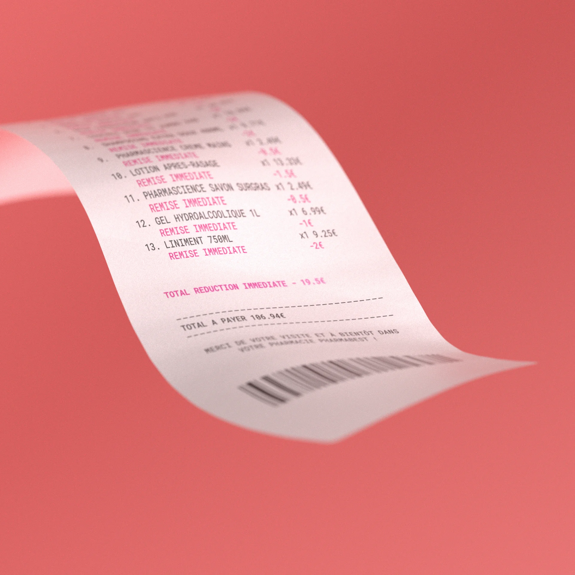Render study: curved receipt, printed text and barcode.