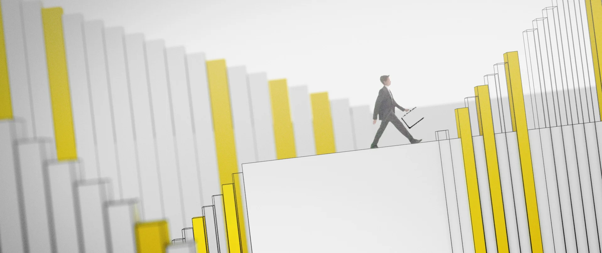 Graphic study: stairs and yellow columns accompany the walk.