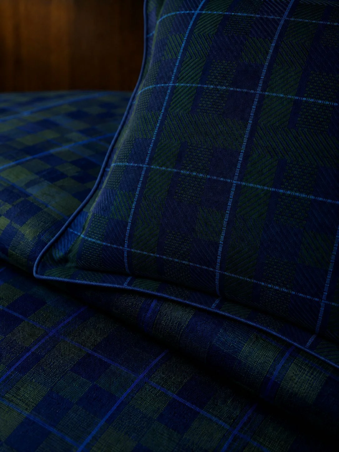Wilmotte source still: close-up of the blue and green checked textile.