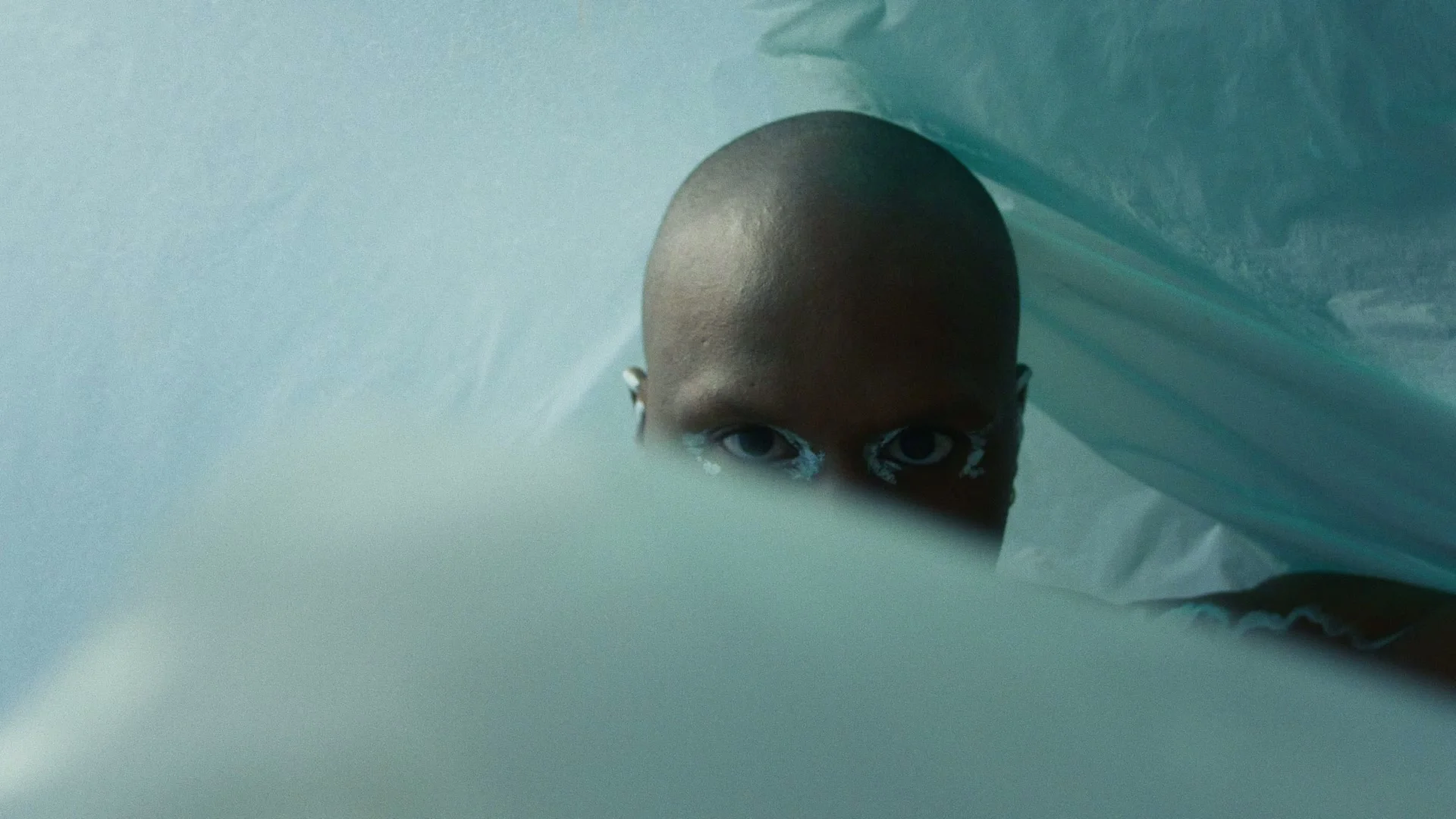 A gaze appears through a white veil.