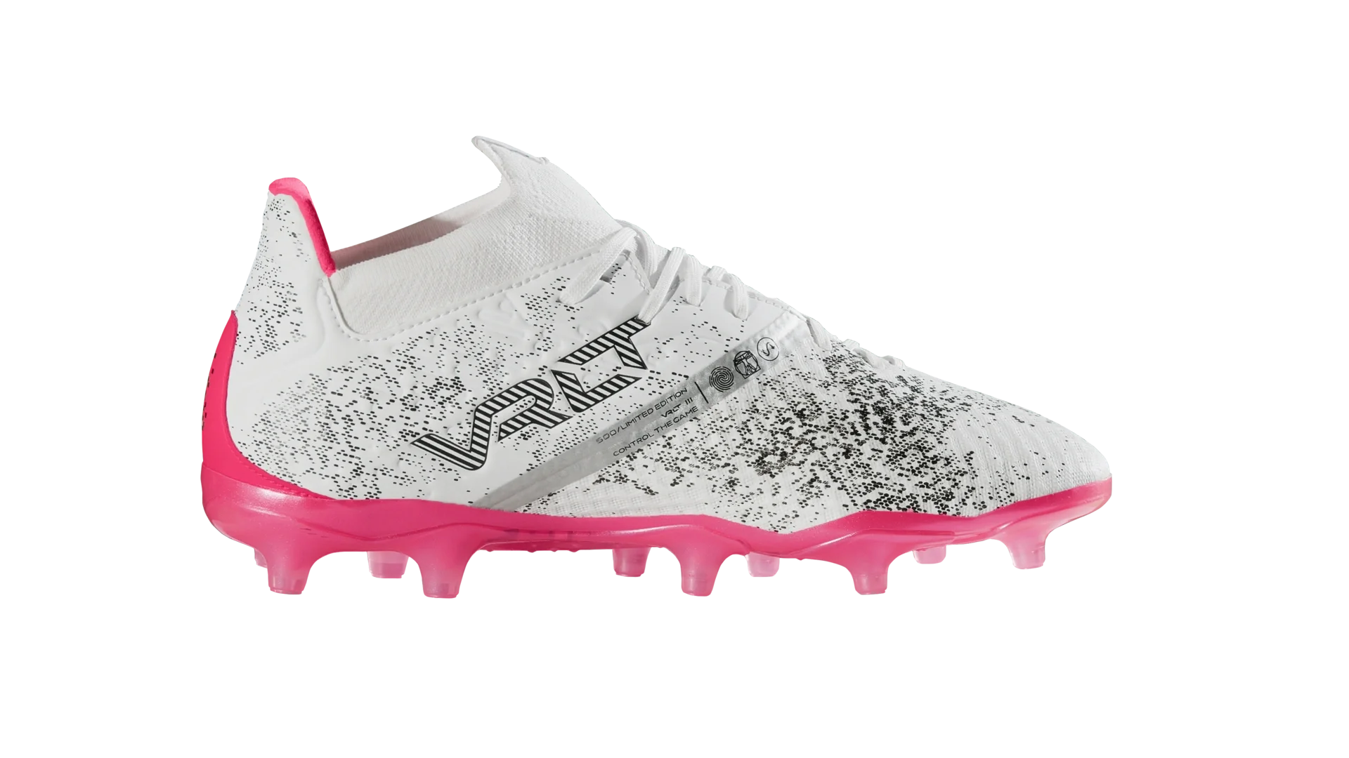White Kipsta Mutiny boot with a pink sole, in profile facing right.
