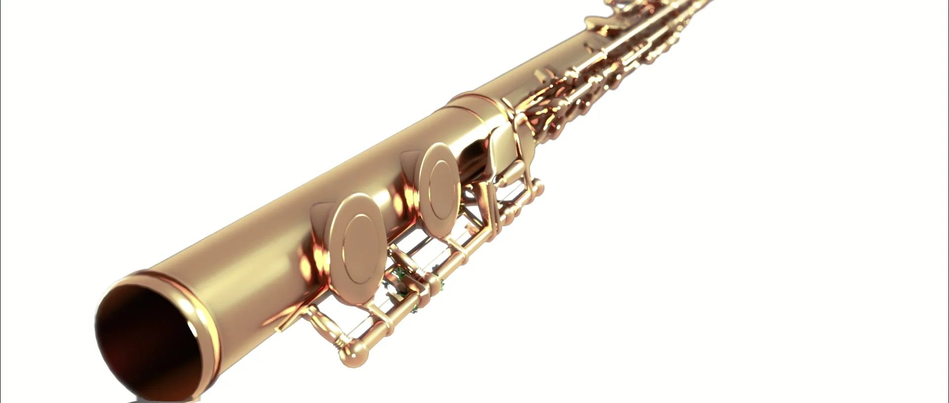 A golden flute set diagonally against white, showing its keys and metallic reflections.