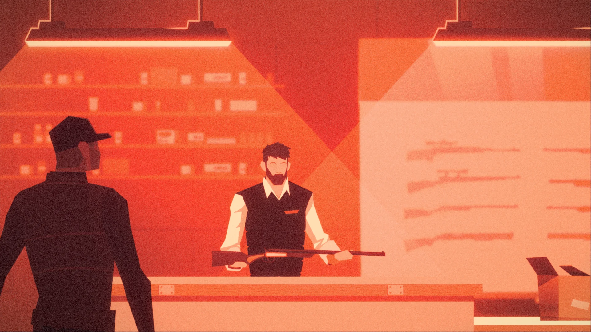 Shooting range study: orange reception area with a shop assistant, a customer carrying a rifle over his shoulder and weapons displayed on the wall.