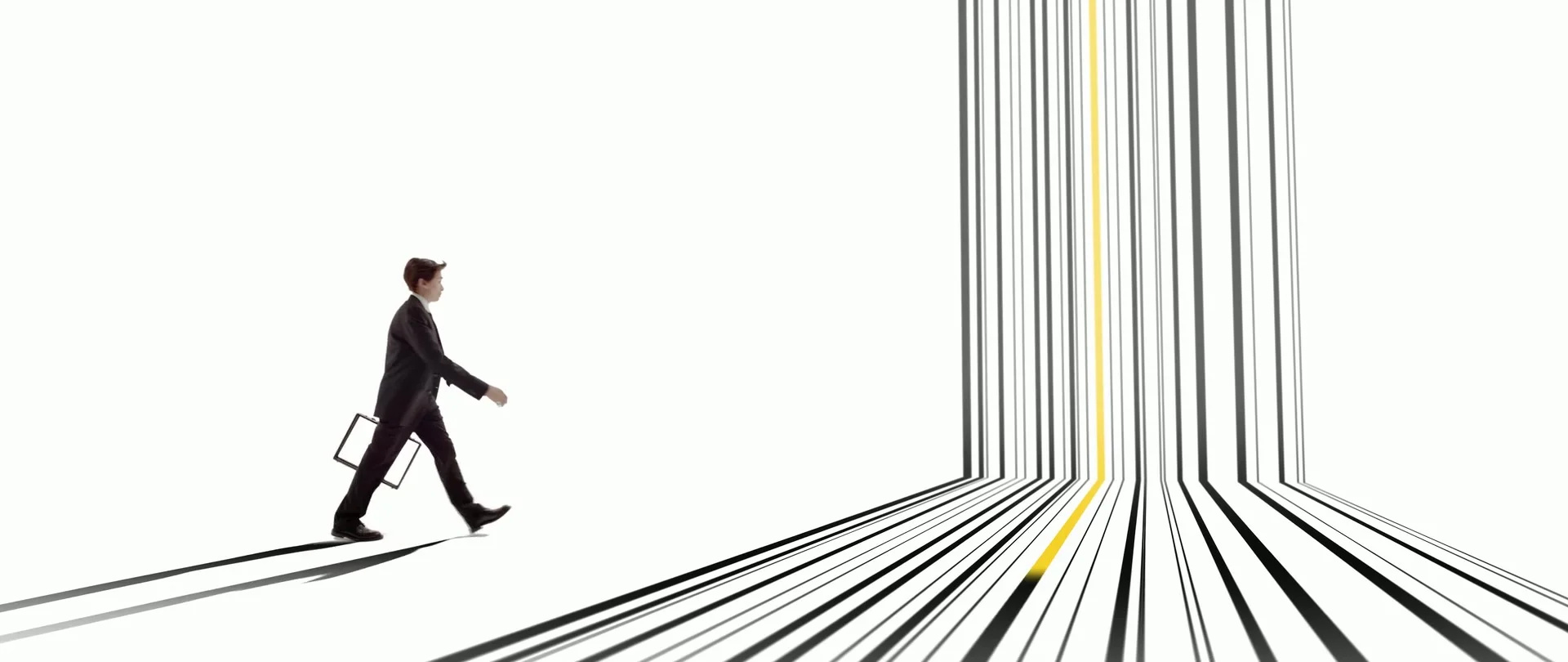 Man in a suit walking against a white background beside a fan of black lines and a yellow line.