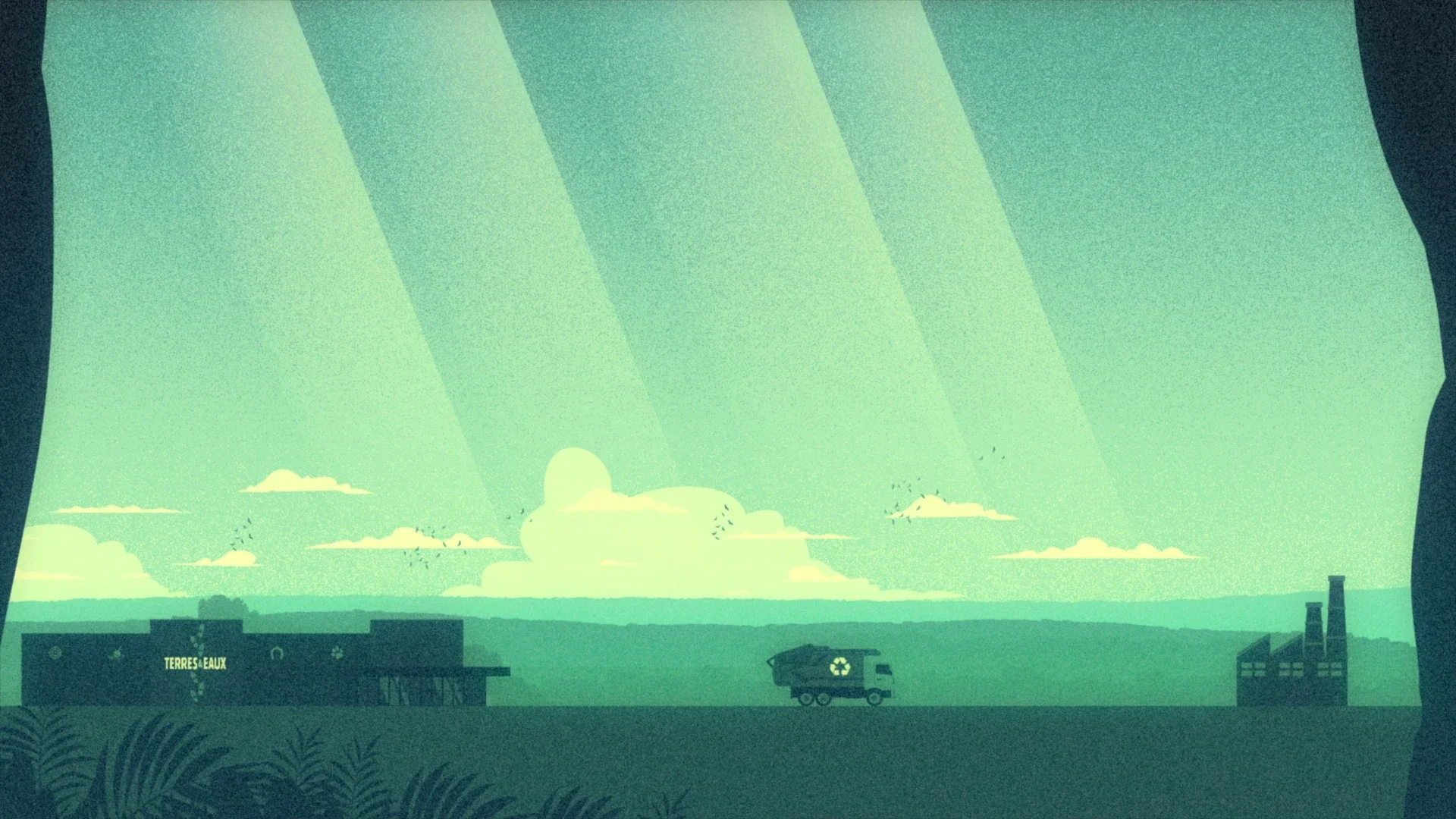 Recycling study: store, truck and factory in a green landscape crossed by broad shafts of light.
