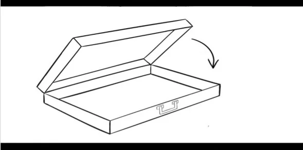 Production storyboard: a line-drawn briefcase opening.