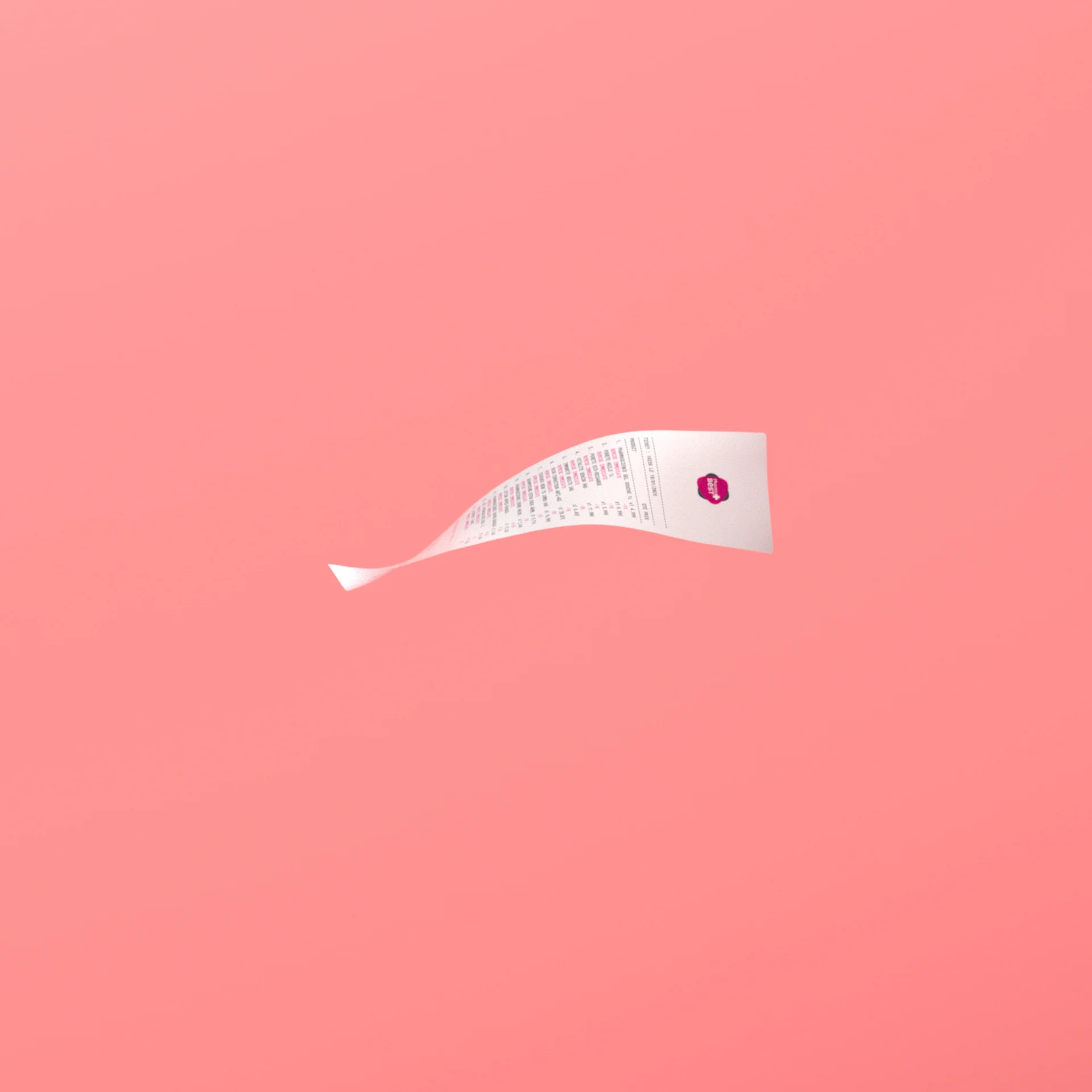 Render study: the receipt floating against a wide pink background.