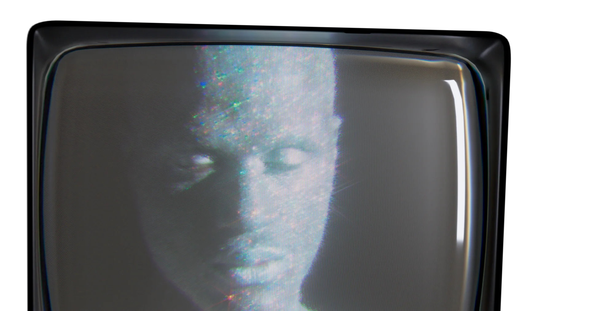 3D render of the portrait behind curved glass, with its coloured pattern and reflections.