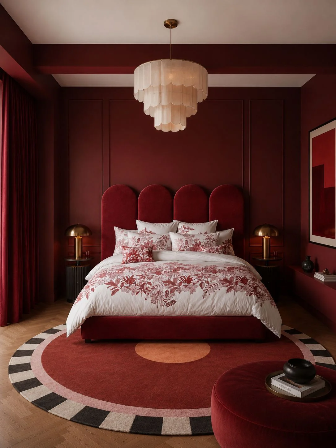 Feuilles en scène, P01 source: front view of the red bedroom.
