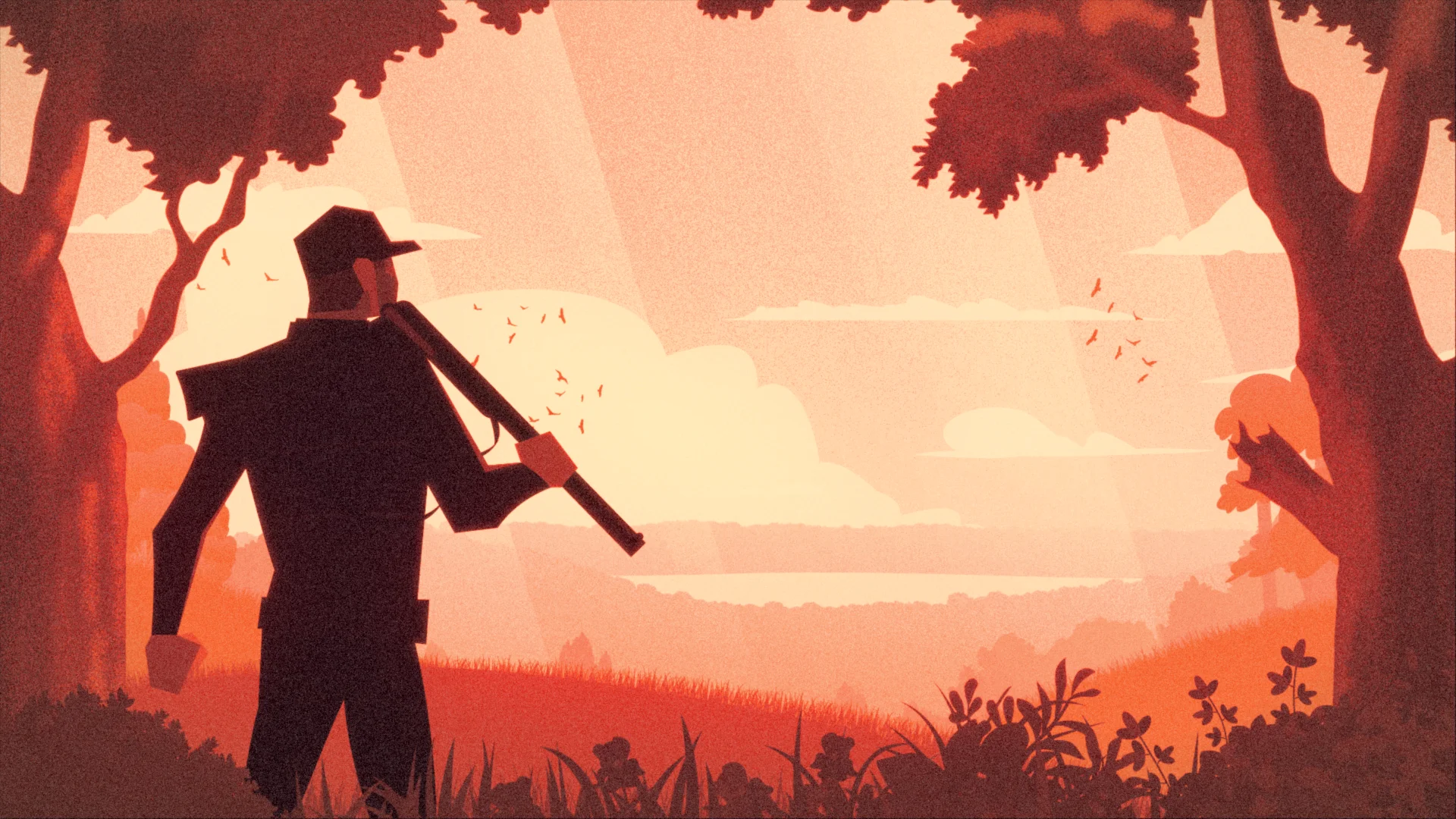 Shooting range study: a silhouetted hunter in the foreground of an orange forest.