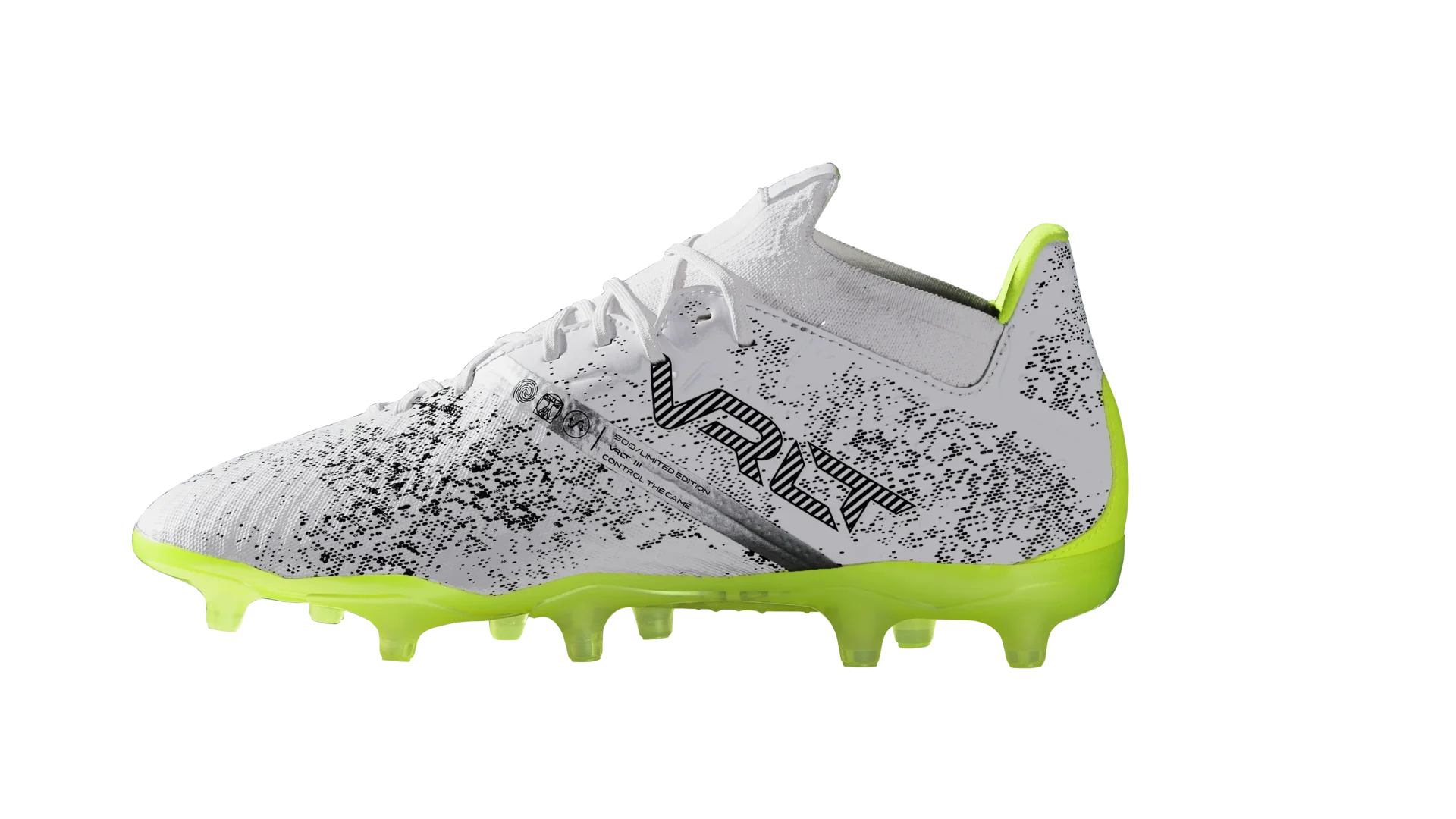 White Kipsta Mutiny boot with a fluorescent-green sole, in profile facing left.