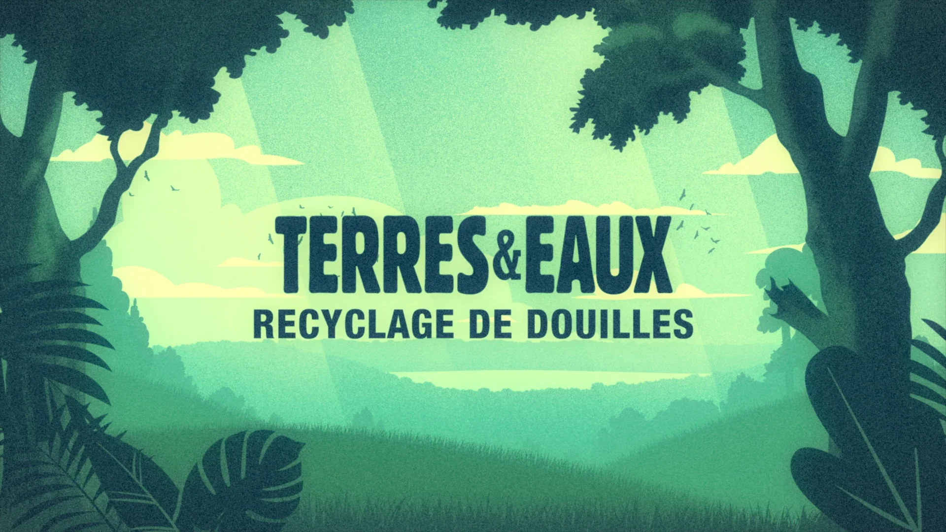 Recycling study: textured green forest, large foreground leaves, diffuse light and an early title treatment.