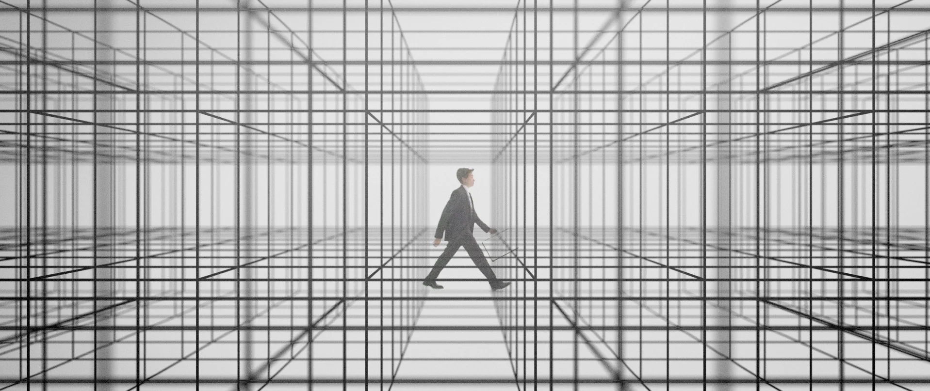 Graphic study: the walking figure crosses a dense network of frames.