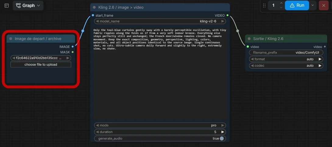 Complete Kling 2.6 branch: image input, subtle-motion prompt, pro mode, five-second duration and video output.