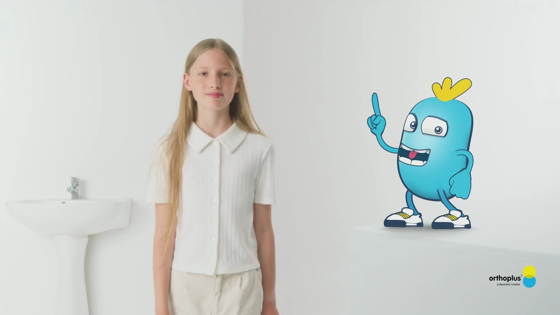 Girl in a white shirt beside a smiling blue mascot raising one finger, against a white background.