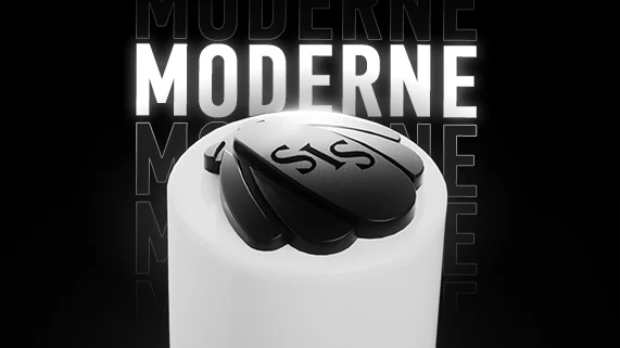 April storyboard: Detail of the black petal cap in front of MODERNE (MODERN) lettering.
