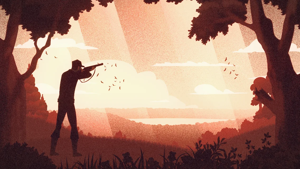 Mise à conformité illustration study: a silhouetted shooter, framed by dark trees, aims into a bright ochre clearing.